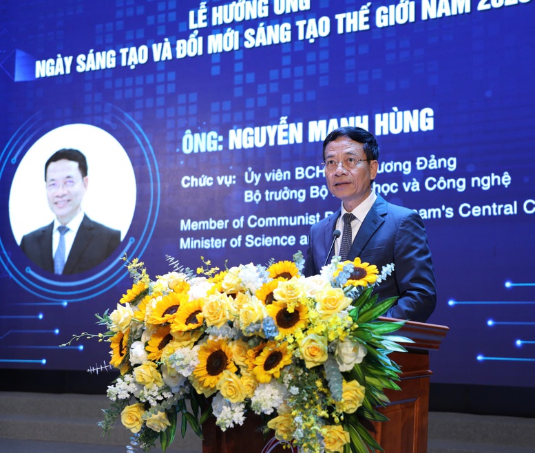 Bộ trưởng Bộ KH&CN Nguyễn Mạnh Hùng phát biểu tại Lễ hưởng ứng Ngày Sáng tạo và Đổi mới sáng tạo thế giới năm 2025 - Ảnh: VGP/TG
